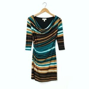 LOFT Womens S Multicolor Striped Cowl Neck 3/4 Sleeve Knit Shift Dress Casual